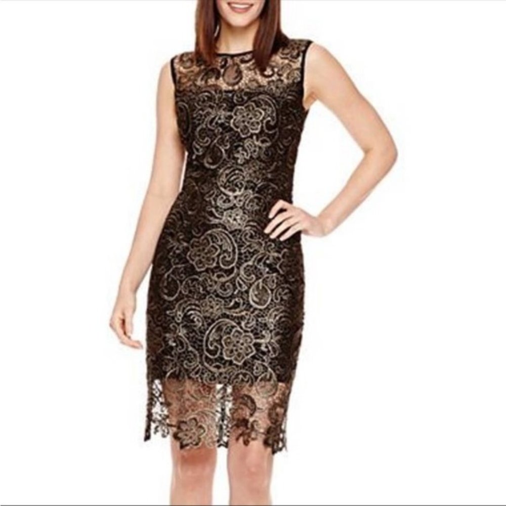 Bisou Bisou High Neck Lace Overlay Mini Dress | Gold Black | Size 4